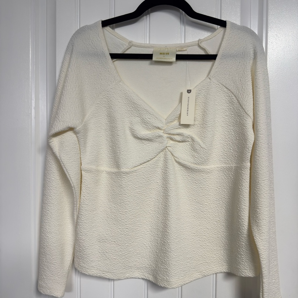 Anthropologie Cream Textured V-Neck Long Sleeve Top